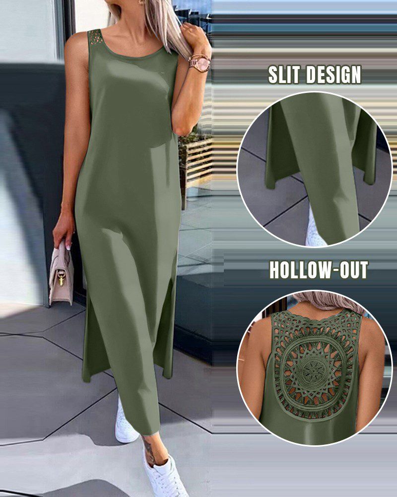 European And American Style Foreign Trade Women's Clothing Lace Hollow-out Suspender Sleeveless Slit Tank Dress,_ecoleips.com