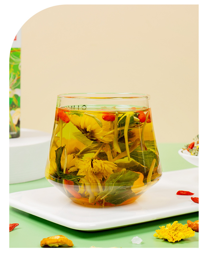 Honeysuckle Chrysanthemum Herbal Tea Blend with Dandelion Goji Berry Mint and Mulberry Leaf 100g Gift Box in use
