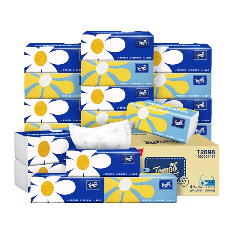 Papel tisú suave de 4 capas Tempo Depot, 90 hojas por paquete, 16 paquetes, paquete familiar, pañuelos faciales, servilletas de papel.