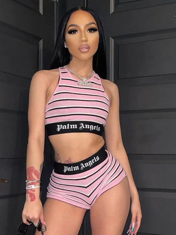 K1060 Summer New Arrival Striped Digital Printing Sexy Navel Palm Angel Vest Shorts Set Women