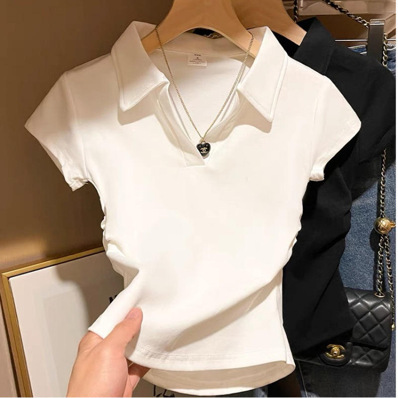 Short-sleeved T-shirt women's 2025 summer white polo collar lapel top short waist slim casual design sense