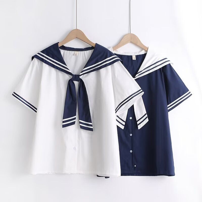 2026 Summer Clothing Japanese Style Navy Tie Loose Women's Cardigan Short-Sleeve Shirt Casual Jk Top Wholesale 2026 Summer Clothing Japanese Style Navy Tie Loose Women's Cardigan Short-Sleeve Shirt Casual Jk Top Wholesale