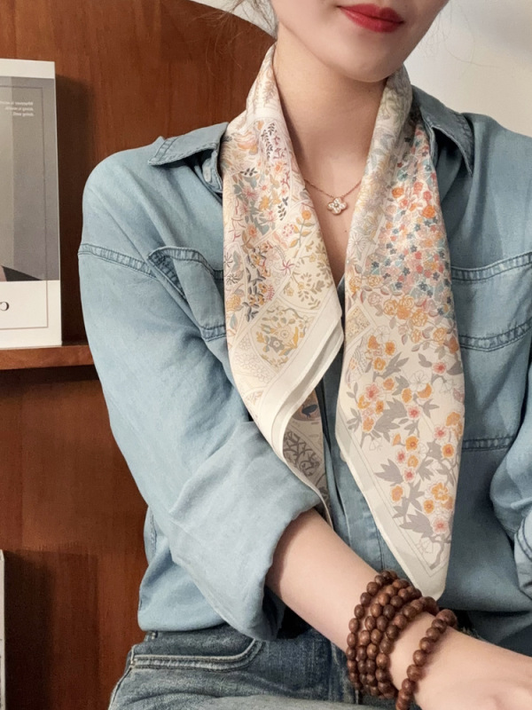 100%桑蚕糸シルクダブルクレープ65メイラードカシューナッツ柄スカーフ女性用春夏薄手高級感軽やかな高級シルクスカーフ|undefined