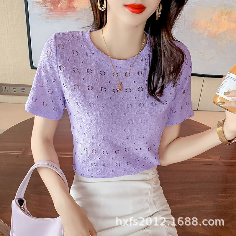 2022 여름 한국 스타일 새로운 유행 슬리밍 크루넥 틈새 탑 우아한 모든 매치 반팔 티셔츠 여성용 레이스 셔츠