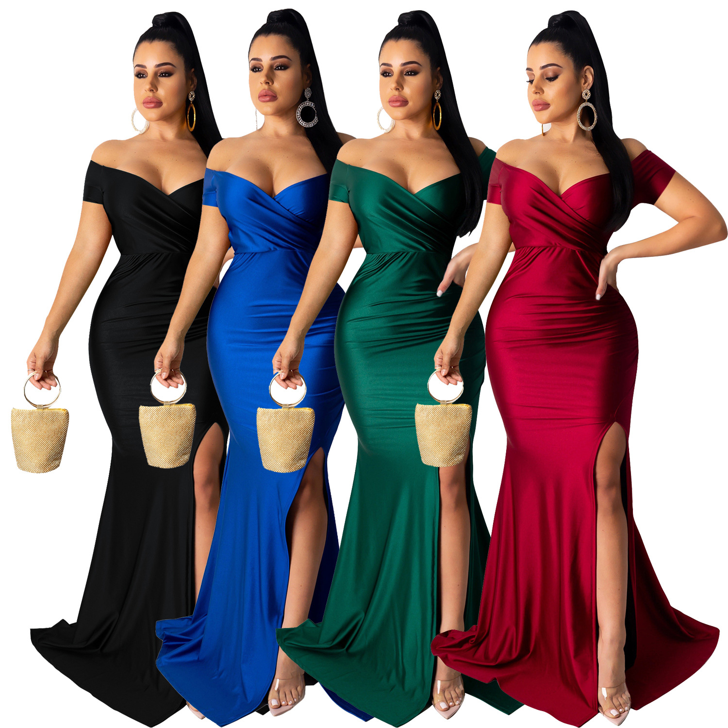 425g Weight Maxi Long Dress Dress Length Type Short Sleeve Sleeve Length Party Dress Dresses Type Regular Sleeve Sleeve Type Wholesale Women'S Elegant Solid Color Evening Party V Neck Short Sleeve Party Dress