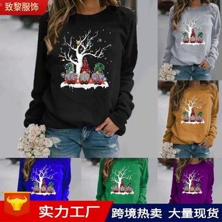 跨境欧美跨境亚马逊 wish 独立站圣诞节图案印花长袖圆领卫衣女装