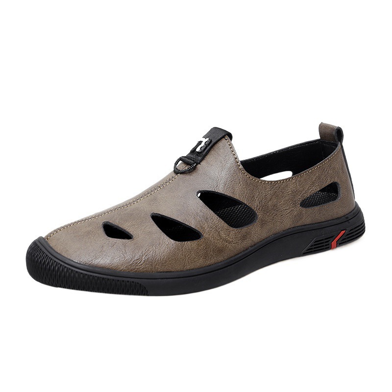 Zapatos de cuero huecos negros para hombres jóvenes ventilados con un pedal sandálias de suela suave negocios británicos zapatos casuales de verano