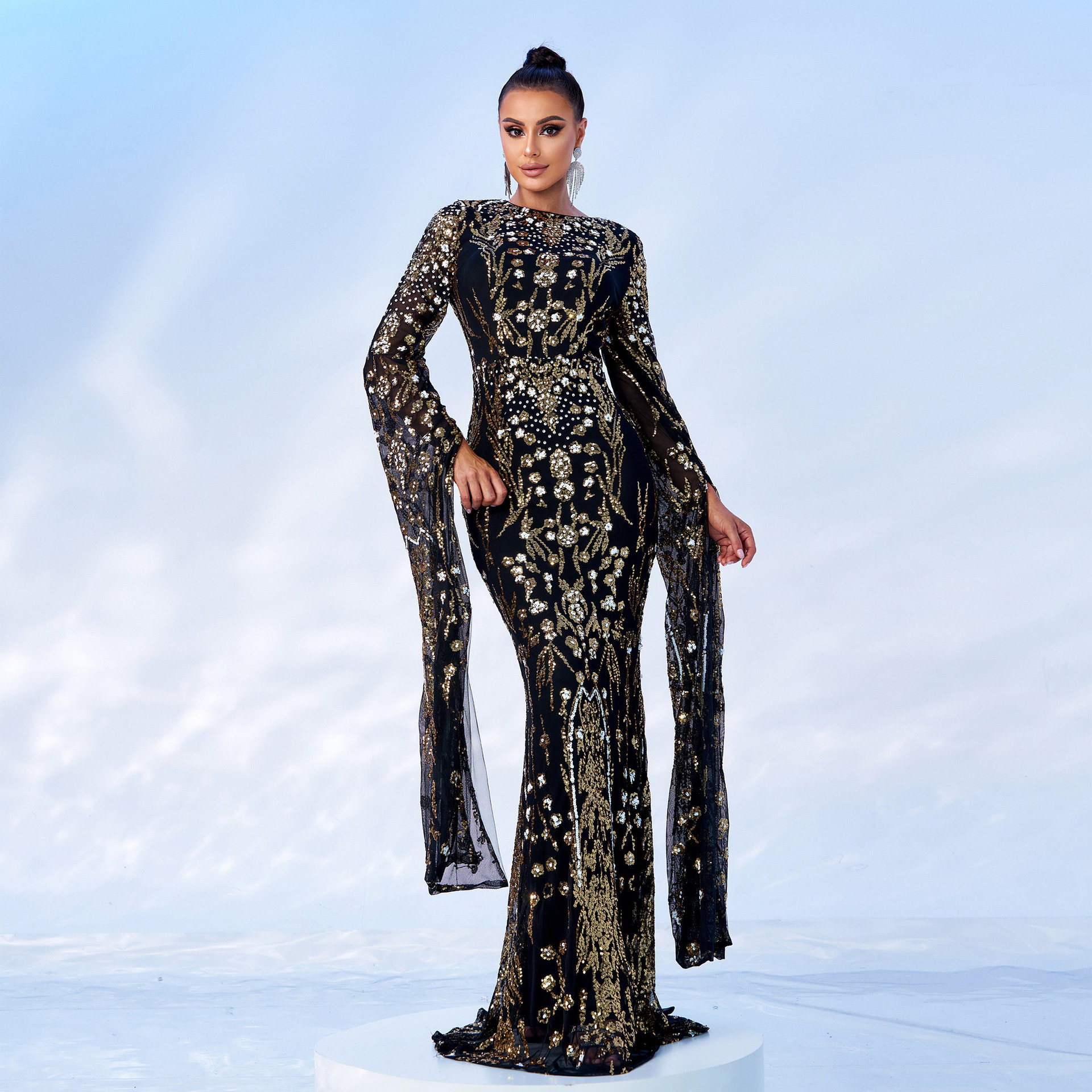 Women's Clothing ultra long sleeve temperament round neck sexy slim long sequined banquet evening dress bridesmaid dress_voghion.com