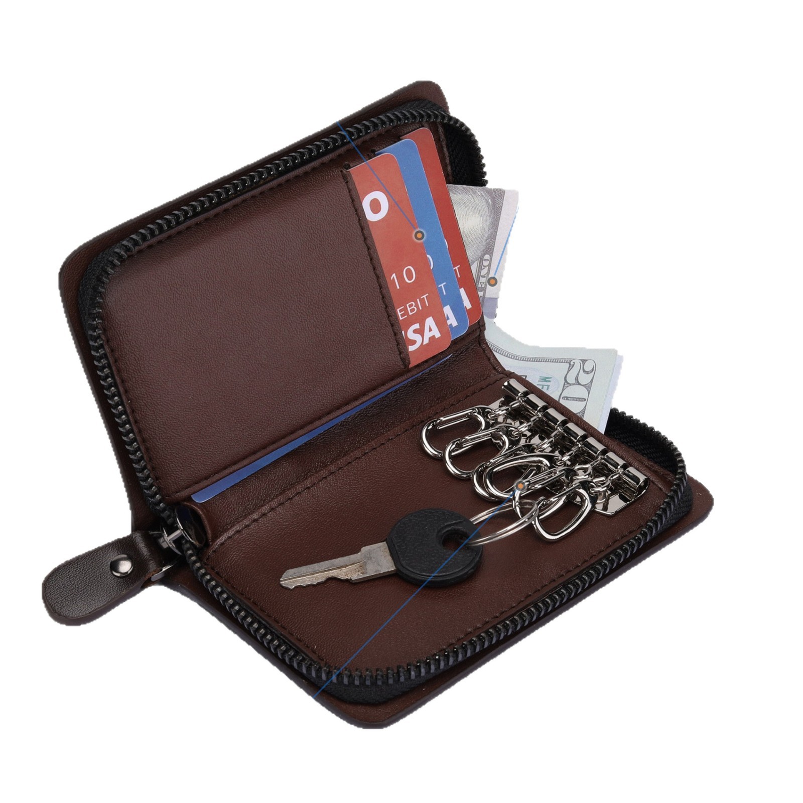 Amazon negocio multifunción llave bolsa de almacenamiento de automóviles de gran capacidad bolsa de hebilla de cuero para hombres cremallera cintura cartera