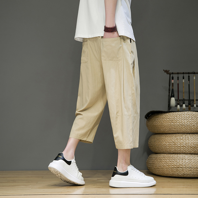 Pantalones cortos de lino, pantalones finos de verano para hombres, pantalones rectos sueltos, pantalones de 7 puntos de algodón y lino de estilo chino, pantalones cortos casuales