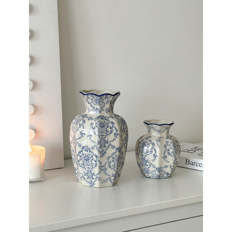 Nuevo jarrón de cerámica azul china nueva decoración de estilo chino sala de estar floral decoración de vestíbulo de estilo antiguo peonía floral