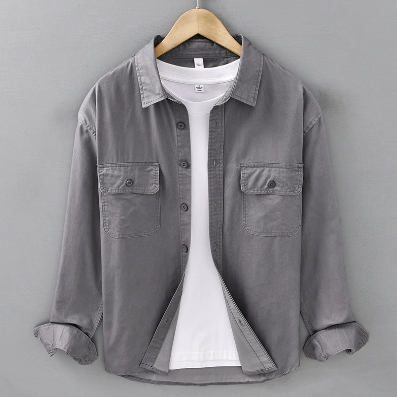 Весенне-осенняя повседневная рубашка из чистого хлопка, мужская свободная универсальная рубашка с длинными рукавами, японская рабочая одежда, рубашка с двумя карманами, куртка 920