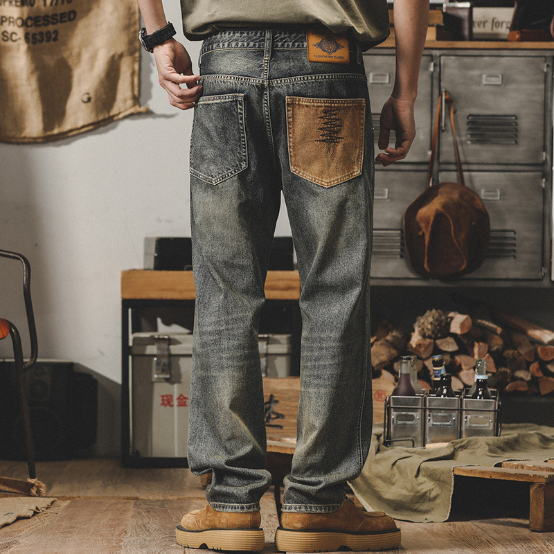 Jereno American style classic vintage jeans men's loose straight yellow mud dyed distressed pants men's spring and autumn fashion brand Jereno American style classic vintage jeans men's loose straight yellow mud dyed distressed pants men's spring and autumn fashion brand