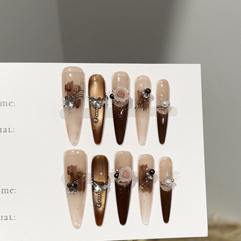 Purely Handmade Wearable Nails, High-End Autumn and Winter Coffee Brown Cat-Eye Manicure Nails, Accessible Luxury Whitening Fake Nail Patches