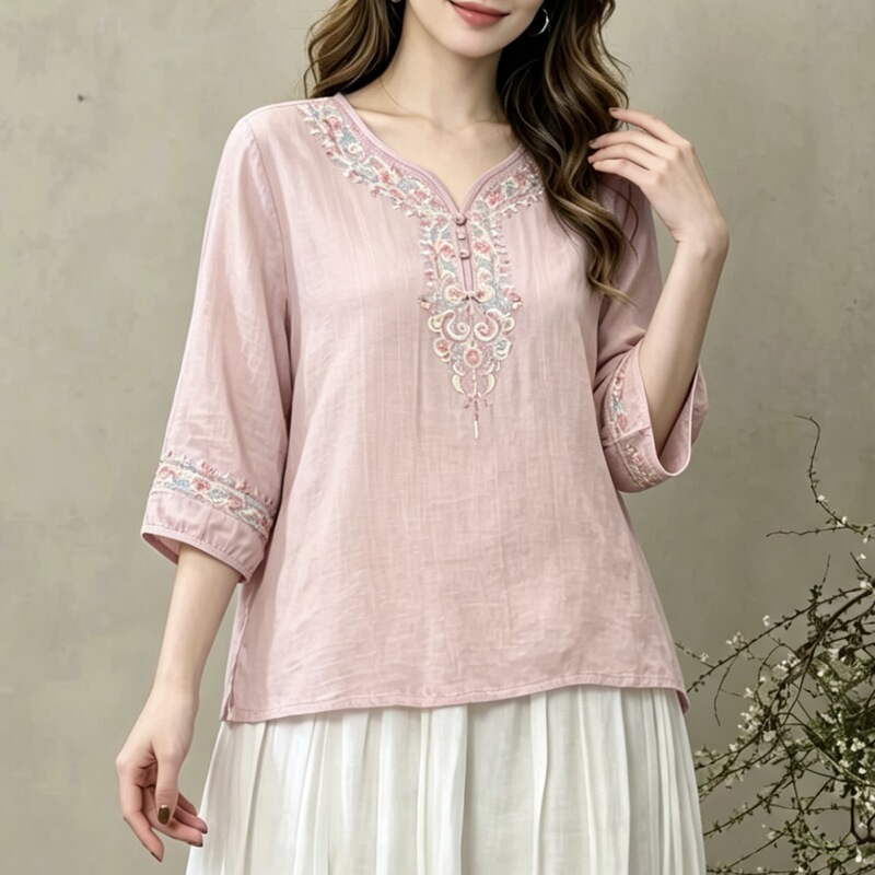 Artistic Retro Embroidered Cotton Shirt for Women, Casual Loose Pullover Blouse, Slimming High-End Top Artistic Retro Embroidered Cotton Shirt for Women, Casual Loose Pullover Blouse, Slimming High-End Top