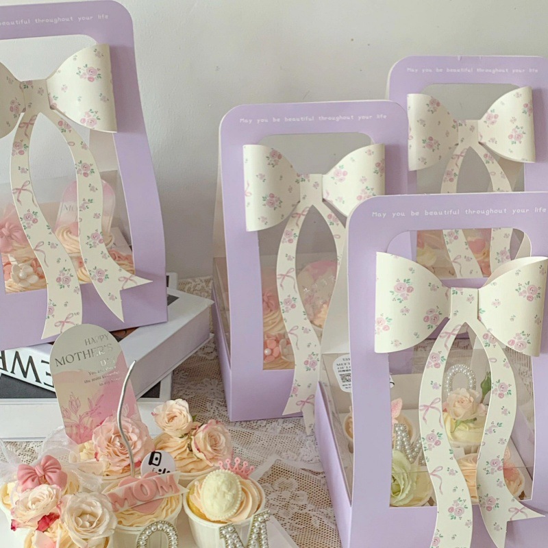 Día de la Madre Bowknot 4 cajas de vasos de papel portátiles Plug de decoración de pasteles Caja de embalaje de postres de mamá