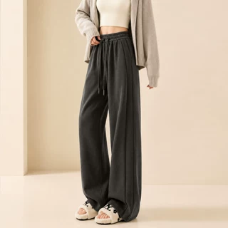 灰色灯芯绒阔腿裤女2026秋季新款美拉德高腰直筒运动休闲窄版卫裤