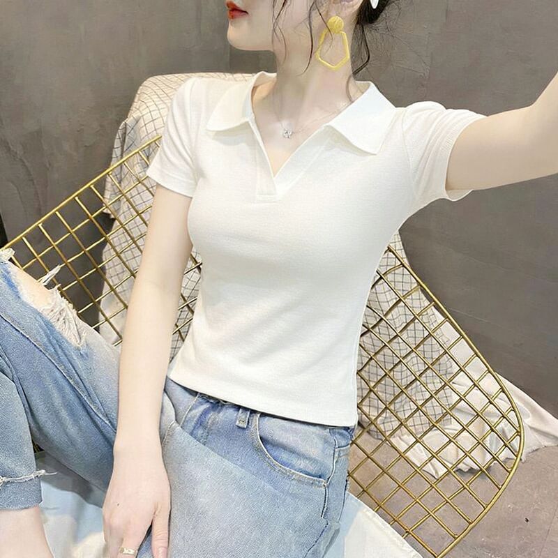White Straight-Shoulder Polo Collar Short-Sleeve T-Shirt for Women, 2026 Spring/Summer New Slim-Fit Base Shirt, Casual Versatile Top White Straight-Shoulder Polo Collar Short-Sleeve T-Shirt for Women, 2026 Spring/Summer New Slim-Fit Base Shirt, Casual Versatile Top