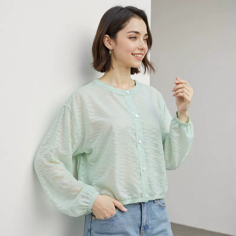 云端触感 春季凉感轻薄圆领长袖开衫女宽松微透清爽针织罩衫外套