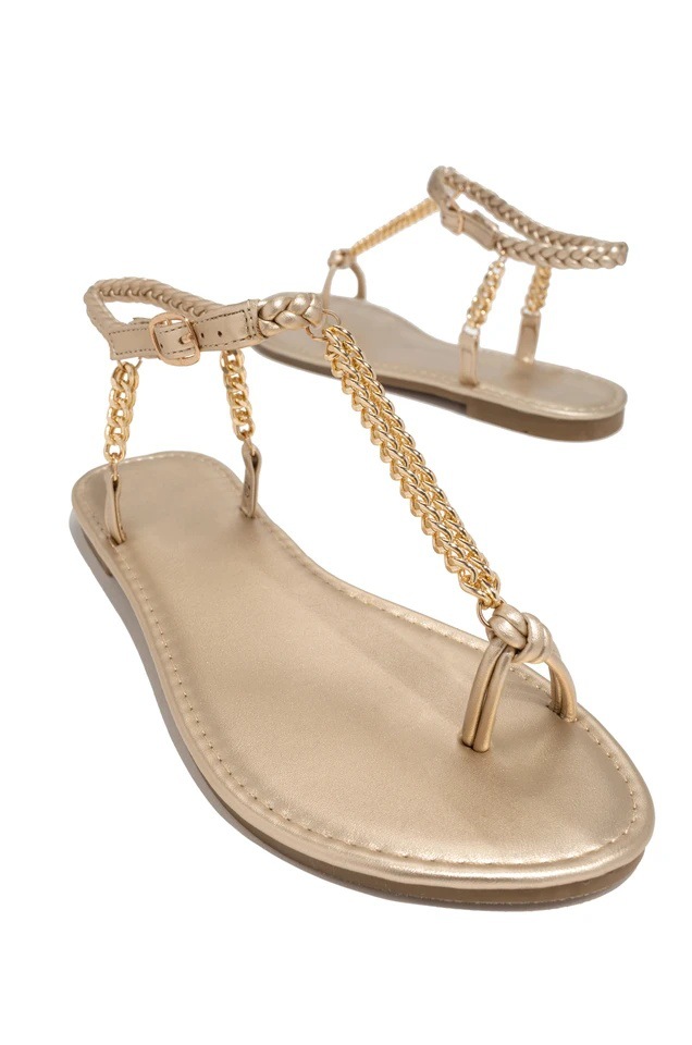 Round Toe Metal Chain Hollow Flat Sandals NSJJX113648