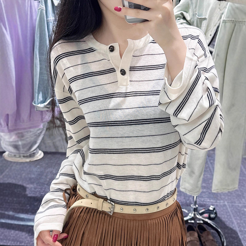 Loose Korean-Style Sheep Wool Striped Henley Collar Early Autumn New Women's Lazy Style Striped Knit Pullover