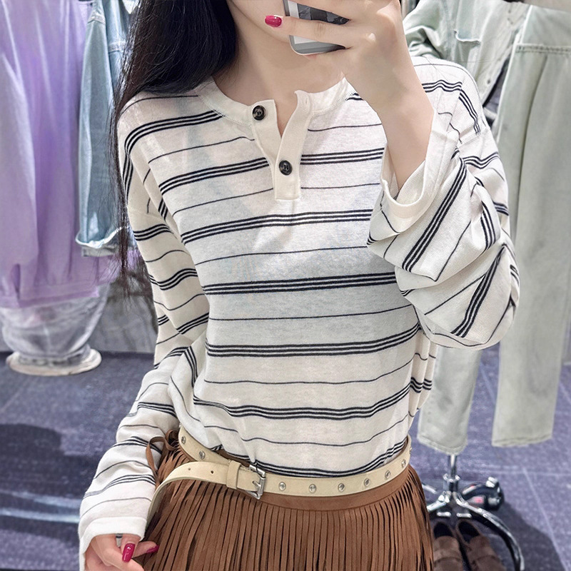 Loose Korean-Style Sheep Wool Striped Henley Collar Early Autumn New Women's Lazy Style Striped Knit Pullover