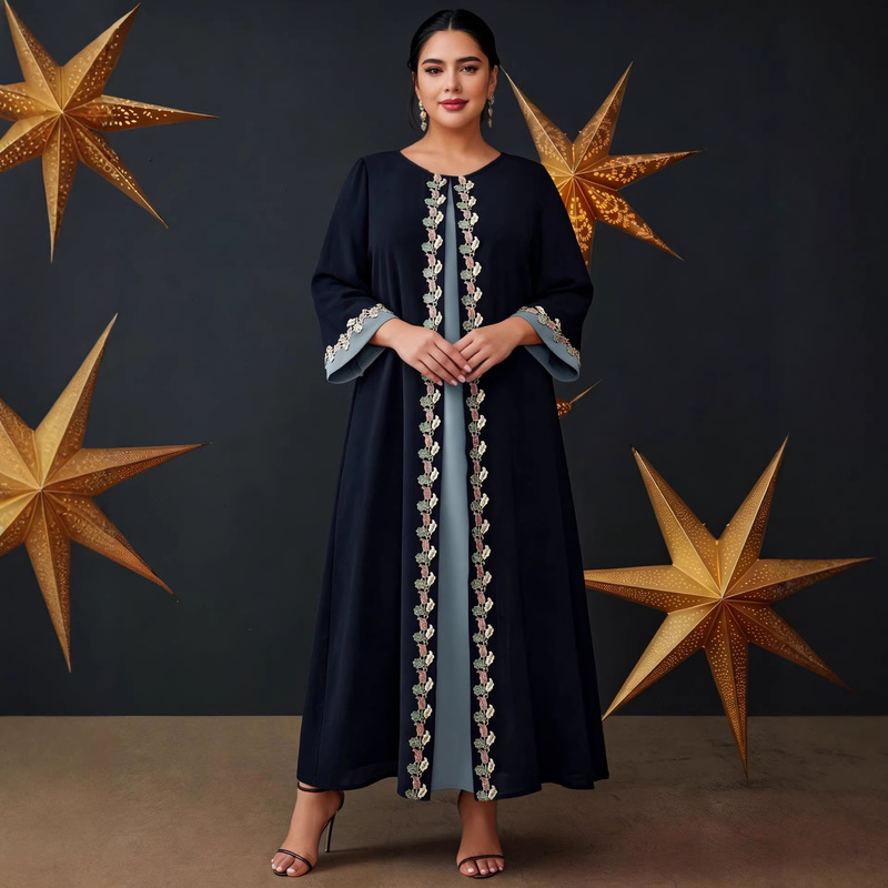 Cross-Border Foreign Trade Plus-Size Color-Blocked Rhinestone-Embellished Robe, Round-Neck Cardigan-Style Loose Long Dress, Elegant and Stylish Cross-Border Foreign Trade Plus-Size Color-Blocked Rhinestone-Embellished Robe, Round-Neck Cardigan-Style Loose Long Dress, Elegant and Stylish