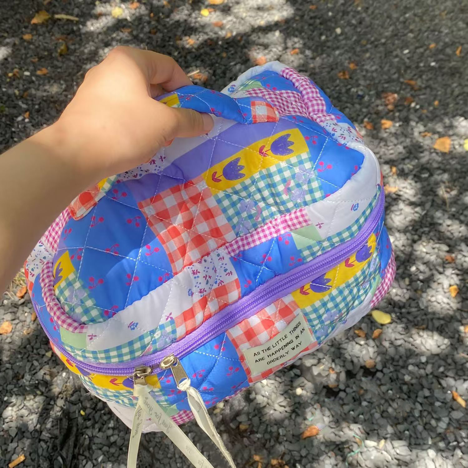 Polyester Material Cute Color Block Flower Polyester Sewing Thread Square Makeup Bags