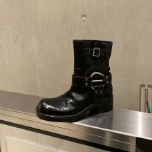 牛皮葡萄妈同款真皮复古金属扣粗跟西部短靴女朋克骑士靴子机车靴