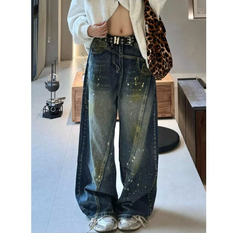 Loose straight jeans, autumn trousers, American style, for teenagers, mid rise