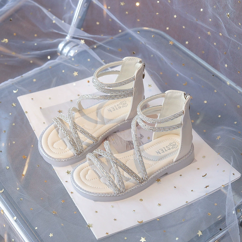 Детская римская сандалия со стразами летом 2025 новый стиль детская блестящая обувь принцессы мягкая подошва для девочек летняя детская обувь
