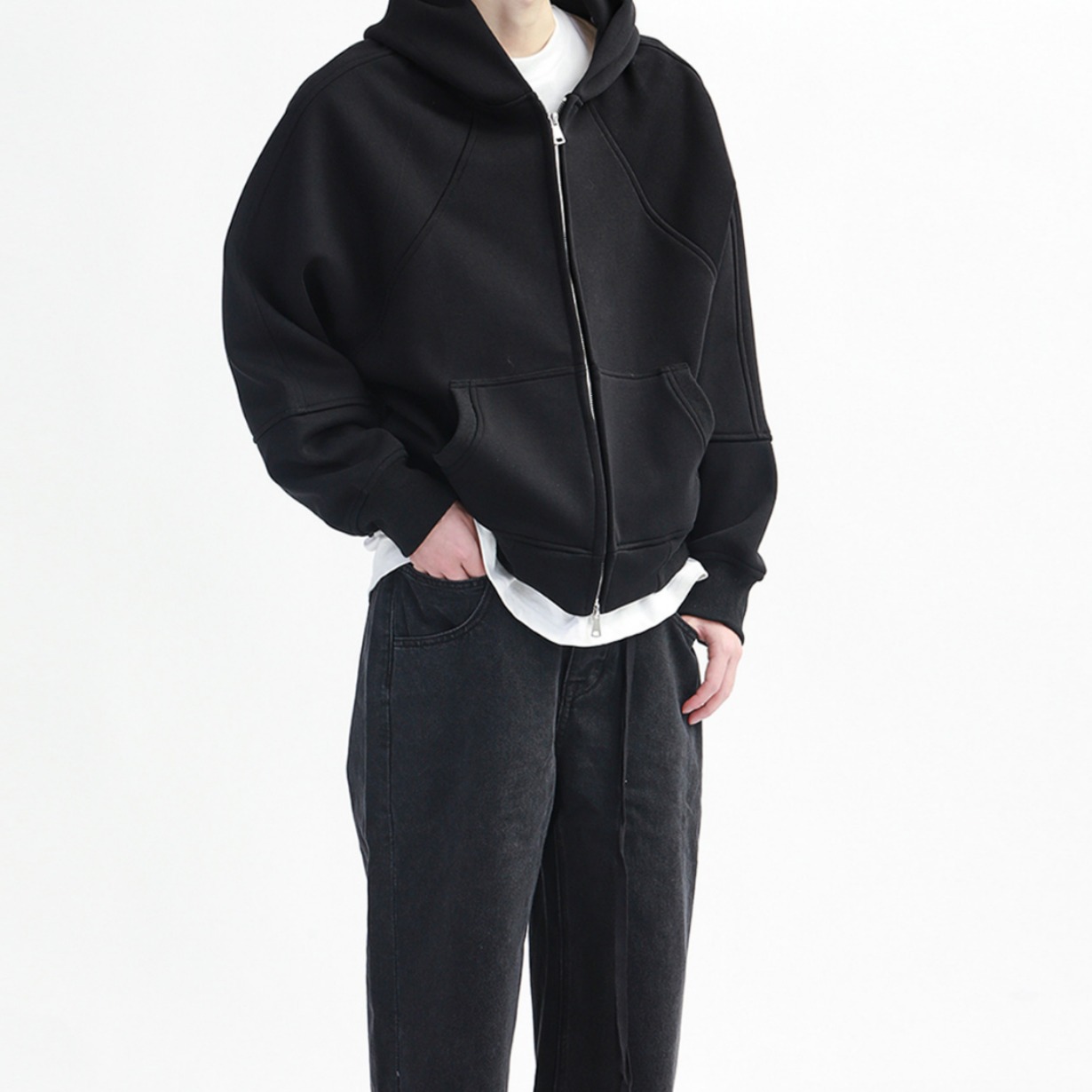 Hombres y mujeres de gota-hombro cleanfit cremallera con capucha perfil pesado corte boxy suelta color sólido básico suéter del todo-fósforo