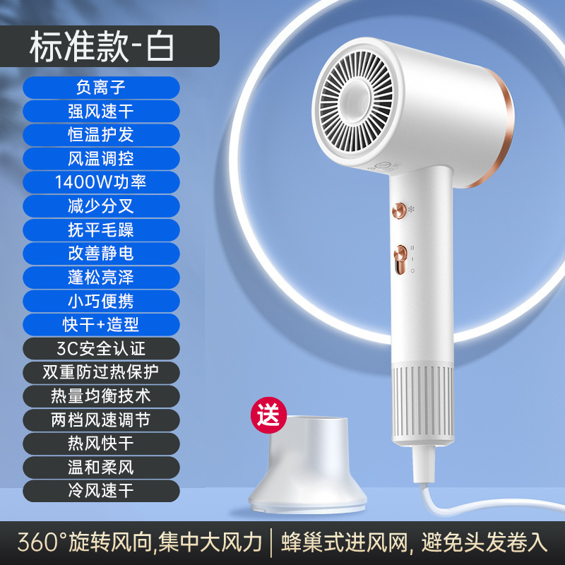 【D1-D】화이트【유럽 규격 - 220V】- 1억 개 이상의 음이온 발생 + 2만 회 회전 + 4가지 모드 + 클립형 노즐 + 1400W