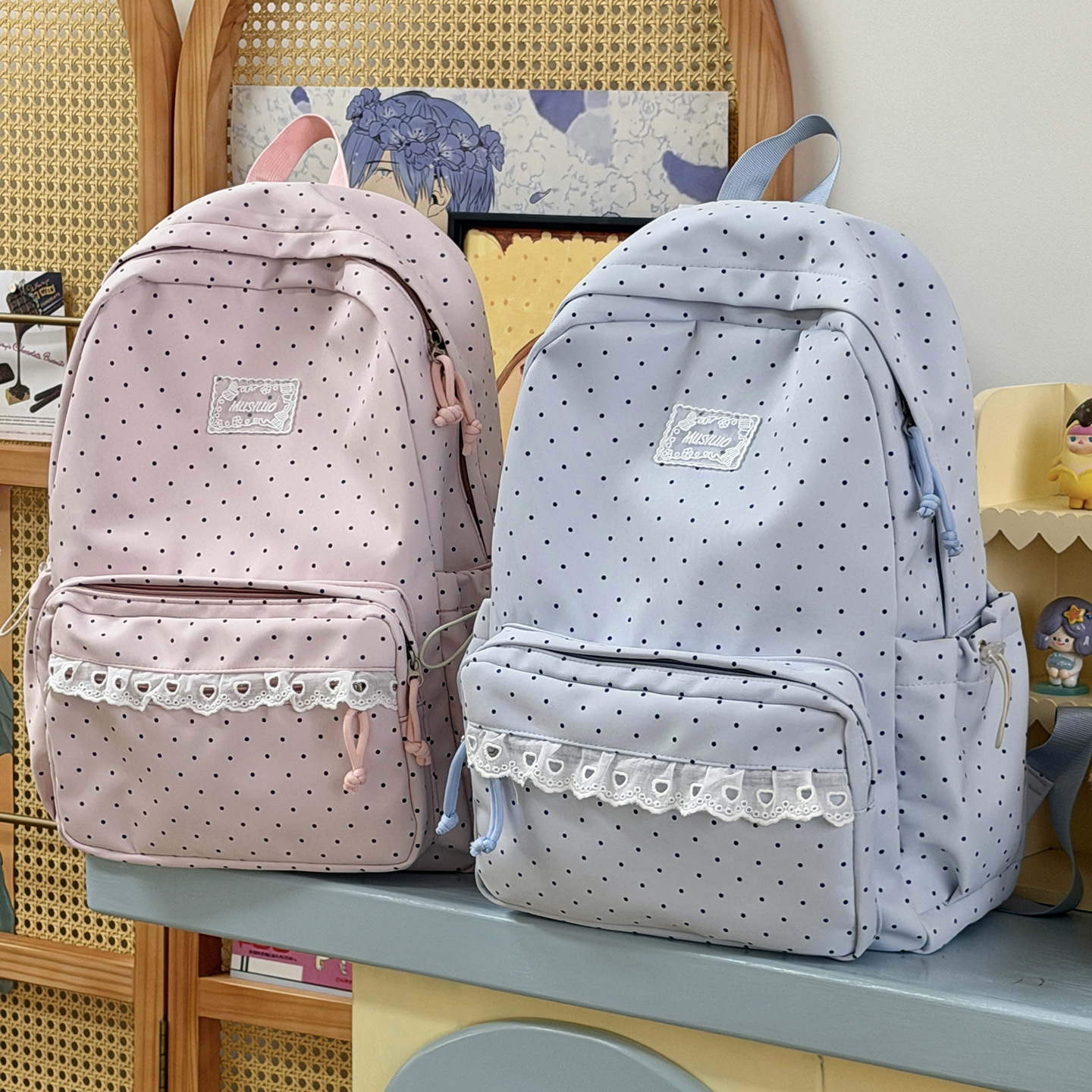 Polka Dot Lace Trim Spacious School Backpack 40