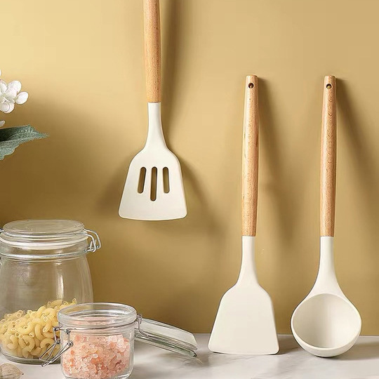 现货木柄防烫硅胶锅铲耐高温不粘锅炒菜铲子汤勺煎铲套装3件套