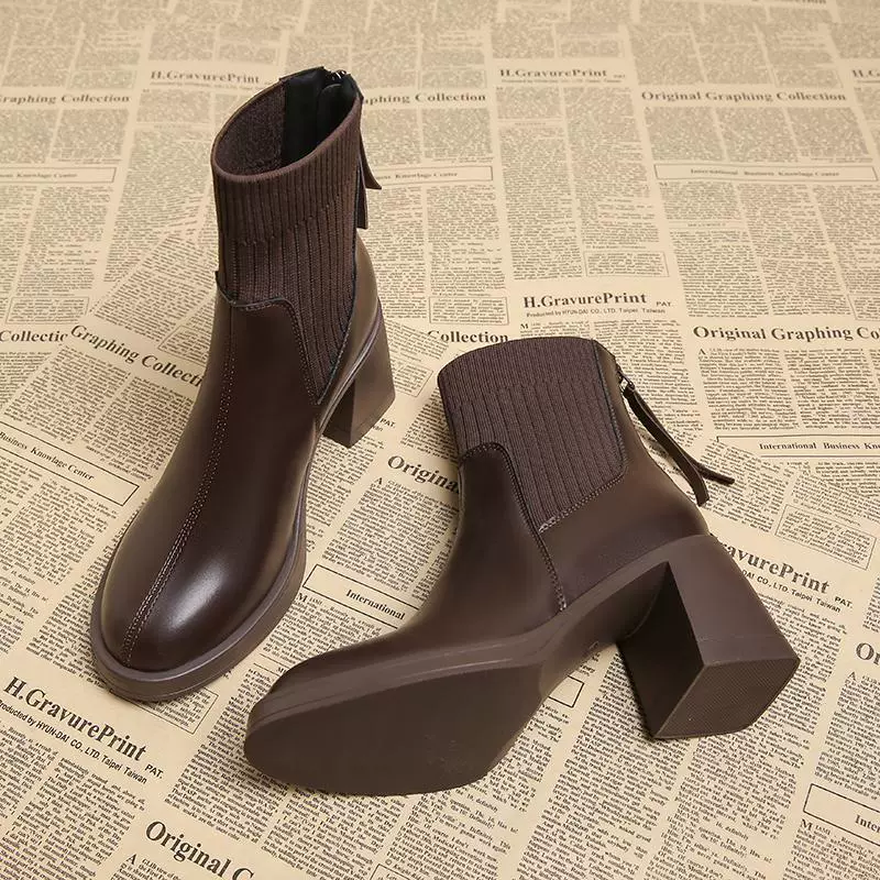 Популярные короткие сапоги для женщин 868-9, осень-зима 2024, новые модные обтягивающие сапоги-носки на высоком каблуке.