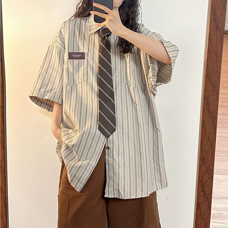 American Retro Men's and Women's College Style Loose Summer Design Niche Short-Sleeved Versatile Tie Striped Shirt Shirt