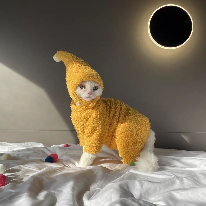 Cat Clothes, Winter Warm Four-Legged Jumpsuit, Elf Hat, Double-Sided Cloud Velvet, Soft Thick Cotton Coat, Pet Clothes
