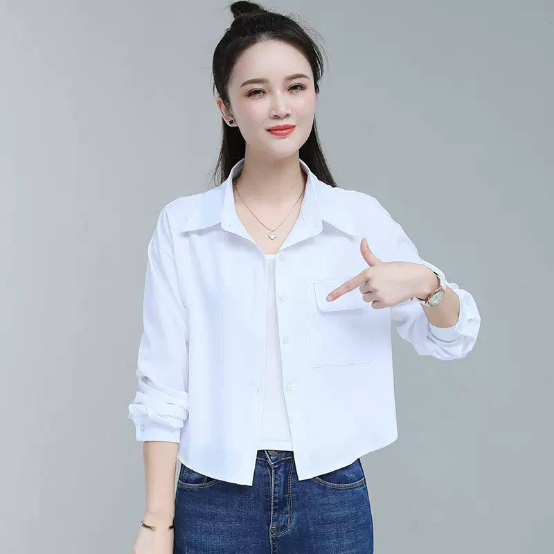 纯色衬衫时尚百搭春秋宽松外套休闲上衣爆款女长袖设计感衬衣短款