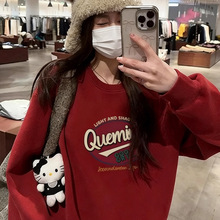 美式潮牌字母印花酒红色圆领卫衣女秋冬爆款洋气百搭宽松加绒外套