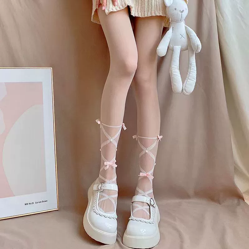 Колготки, фуксиевые носки с бантом, стильLolita