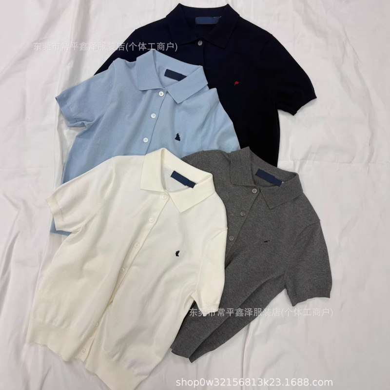 R-L Ralph Lauren Pima Cotton Embroidered Knit Short-Sleeve Cardigan Polo Collar T-Shirt for Women, Elegant and Slimming Knit Top