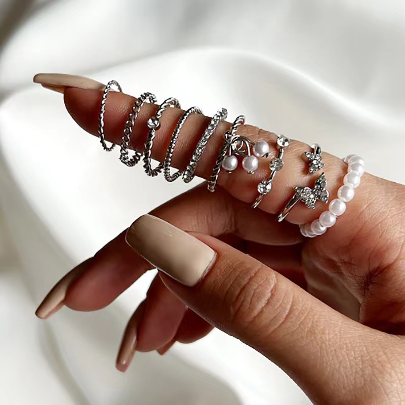 Set Di Anelli Da Donna Con Perle E Zirconi A Farfalla_voghion.com