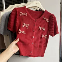 Сладкий трехмерный бант с короткими рукавами вязаный свитер женский летний новый французский маленький аромат тонкий тонкий короткий топ