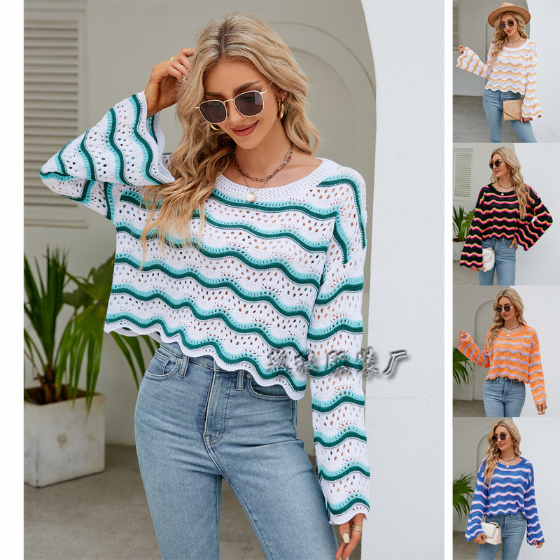 Spring and Autumn Women's Clothing Amazon Cross-Border Foreign Trade Fashion Long-Sleeved Blouse Round Neck European and American New Knitted Striped Sweater Women