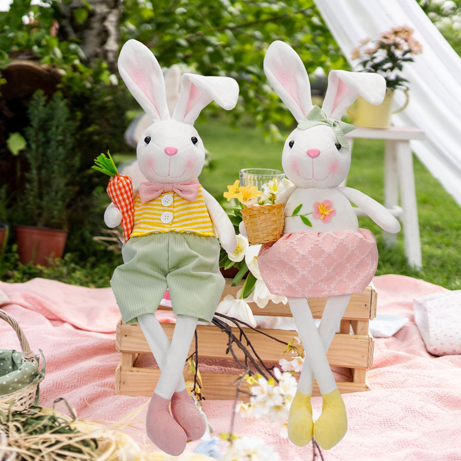 Transfronterizo nueva muñeca de conejo de Pascua con cesta de flores de rábano lindo conejo muñeca decoración decoraciones navideñas