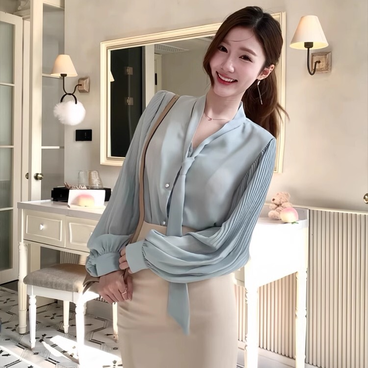 Spring New Style Gentle and Mature Style Golden Secretary Wears Satin Shirt with Floating Collar + High-Waisted Hip Skirt