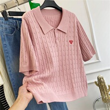 特大码300斤小众设计爱心刺绣领短袖针织衫女夏胖宽松上衣