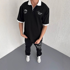Y2Kクロスボーダー男女同モデルpolo襟ボタンデザイン春刺繍立体模様ゆるい上着
