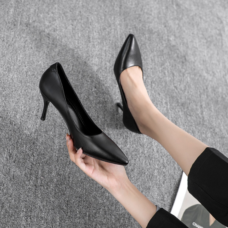 Flight Attendant High Heels Women's 2023 New Etiquette Shoes Pointed Toe Stiletto Heel Professional Work Shoes Formal Black Leather Shoes